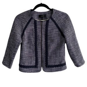 J. Crew Navy Blue Tweed Cropped Collarless Zip Front Blazer Jacket 0